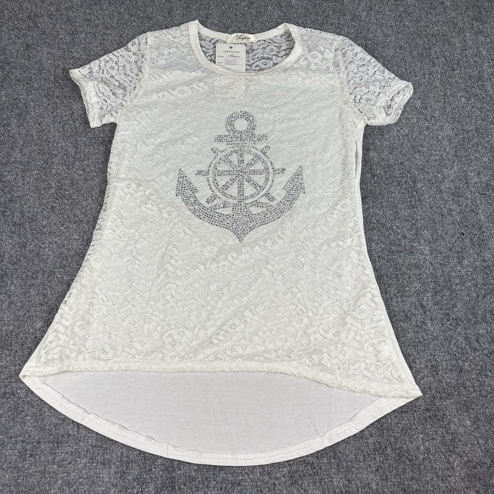 White Lace Rhinestone Anchor Top Women M Nautical Coastal Boho Resort Y2K Beach